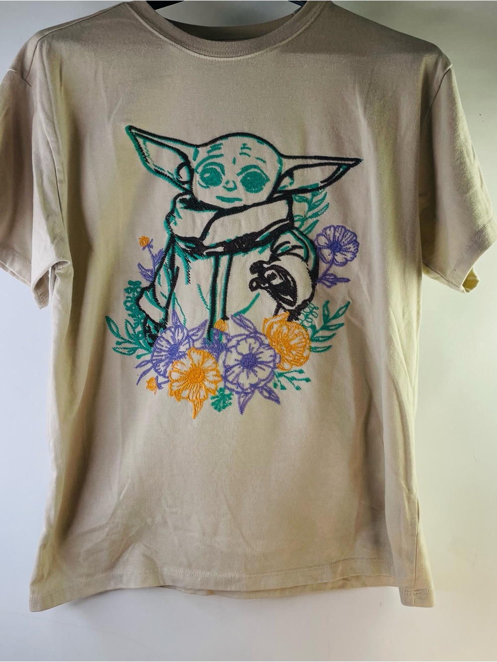 Freeze Beige Tee with Green Baby Yoda Embroidered Graphic